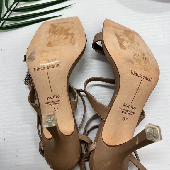 BLACK SUEDE STUDIO Livia Tan Leather Sandals With Crystal Buckles Size 37 - Picture 11 of 13